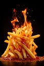 French fries with hot spicy ketchup burning with flames and fire. Chili spiced food. Generative Ai