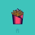 French fries icon. Fried potato logo. Fast food emblem. French fries into pack.