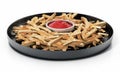 French fries with ketchup in the dish isolated on white background. 3D illustration Royalty Free Stock Photo
