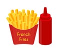 French fries, ketchup, fried potato. Cartoon flat style. Vector illustration Royalty Free Stock Photo