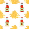 French Fries and Ketchup. Fry Potato Seamless Pattern. Tasty Vegetable. Fast Food Snack. Organic Food. 3d Illustration. Royalty Free Stock Photo