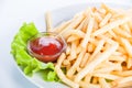 French fries with ketchup and lettuce on a white background