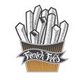 French fries logo or icon with lettering. Chips fast food in paper box. Fsat food vintage isolated vector illustration for menu in