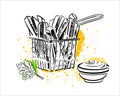 French fries in metal basket with sauce, herbs on colored background. Vector hand drawn illustration.