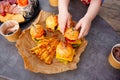french fries and Mini burgers for a children& x27;s party or picnic. Royalty Free Stock Photo