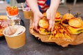 french fries and Mini burgers for a children& x27;s party or picnic. Royalty Free Stock Photo