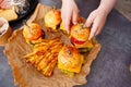 french fries and Mini burgers for a children& x27;s party or picnic. Royalty Free Stock Photo