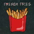 French Fries in Paper Box. Fried Potato Fast Food in a Red Package. Realistic Hand Drawn Doodle Style Sketch.Vector Royalty Free Stock Photo