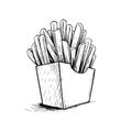 French fries in paper box. Sketch style hand drawn illustration. Fried potato. Fast food retro artwork. Vector image