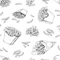 French fries pattern. Hand drawn seamless texture for fast food menu with potato dips. Black and white unhealthy