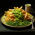 Hyper-realistic Rendering Of Pasta And Chips With Mushy Peas