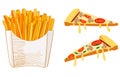 French Fries and pizza slice sketch, hand drawn fast food VECTOR illustration. Colored sketch.