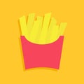 French fries potato in a paper wrapper box icon. Fried potatoes. Fast food menu. Flat design. Yellow background. Isolated. Royalty Free Stock Photo