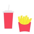 French fries potato in a paper wrapper box icon. Soda drink glass with straw. Fried potatoes. Fast food menu. Flat design. White b Royalty Free Stock Photo