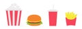 French fries potato in a paper wrapper box. Popcorn. Burger. Soda drink glass with straw. Fried potatoes. Icon set. Movie Cinema i