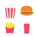 French fries potato in a paper wrapper box. Popcorn. Burger. Soda drink glass with straw. Fried potatoes. Movie Cinema icon set. F