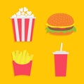 French fries potato in a paper wrapper box. Popcorn. Burger. Soda drink glass with straw. Fried potatoes. Movie Cinema icon set. F Royalty Free Stock Photo