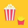 French fries potato in a paper wrapper box. Popcorn. Fried potatoes. Movie Cinema icon set. Fast food menu. Flat design. Yellow ba Royalty Free Stock Photo