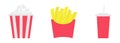 French fries potato in a paper wrapper box. Popcorn. Soda drink glass with straw. Fried potatoes. Icon set. Movie Cinema icon set. Royalty Free Stock Photo
