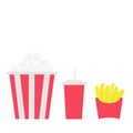 French fries potato in a paper wrapper box. Popcorn. Soda drink glass with straw. Fried potatoes. Movie Cinema icon set. Fast food Royalty Free Stock Photo