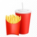 French fries, potatoes chips sticks snack in red cardboard packing, with plastic or paper cup with drinking straw. Snack fast food