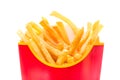 French fries potatoes in red fry box isolated on white background close up Royalty Free Stock Photo