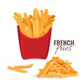 French fries potatoes in red paper carton package box. Vector