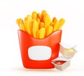 French fries in red paper box with blank label 3d render. Fast food, salty fry potato snack portion with ketchup and Royalty Free Stock Photo
