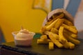 French fries with sauce, deep fried Homemade Baked potato chips fresh mayo