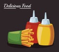 French fries and sauces bottles, colorful design