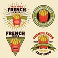 French fries set of four vector colorful emblems, badges, labels, stickers or logos in cartoon style on light background