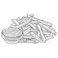French Fries sketch, hand drawn fast food vector illustration. French fries in the package and in bulk. Royalty Free Stock Photo