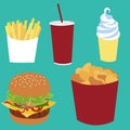 French fries, soda coke, ice-cream, cheeseburger, nuggets bucket fast food. Royalty Free Stock Photo