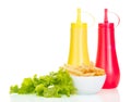 French fries with souses and lettuce Royalty Free Stock Photo