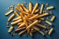 french fries with sunflower seeds on blue background, top view. generative ai