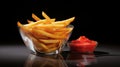 French fries texture with ketchup tomato sauce dark background. Junk food fast meal restaurant cafe salty snack calorie