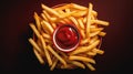 French fries texture with ketchup tomato sauce dark background. Junk food fast meal restaurant cafe salty snack calorie