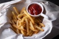 French fries with tomato sauce in a basket Royalty Free Stock Photo