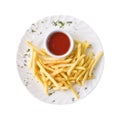 French fries and tomato sauce on the plate, isolated on white background. Top view Royalty Free Stock Photo