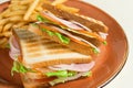 French fries and two sandwiches with cheese, sausage and lettuce leaves in a grunge plate. Royalty Free Stock Photo