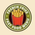 French fries vector round colorful emblem, badge, label, sticker or logo in cartoon style on light background