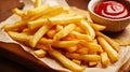 French fry Potato Snack Food Ketchup. Side View. Golden Fries Meal on Wooden Rustic Board. Fresh Fast Cooked Crispy Dish of Yellow Royalty Free Stock Photo