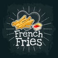 French fry stick potato. Vector flat illustration with engraving rays, lettering, bubble