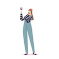 French girl in beret and sunglasses drinking red wine. Typical france cartoon character and symbols