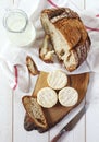 French goat cheese, milk and country bread Royalty Free Stock Photo