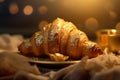 background breakfast drink morning background meal bokeh bakery food table croissant cup. Generative AI.