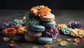 French gourmet macaroon arrangement on rustic wood table with decoration generated by AI