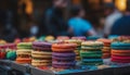 French gourmet macaroon stack, a colorful indulgence for celebration gift generated by AI