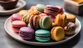 French gourmet macaroon stack, multi colored with sweet almond cream filling generated by AI