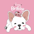 French bulldog with strawberry cake on head cartoon, Happy Birthday card illustration Royalty Free Stock Photo